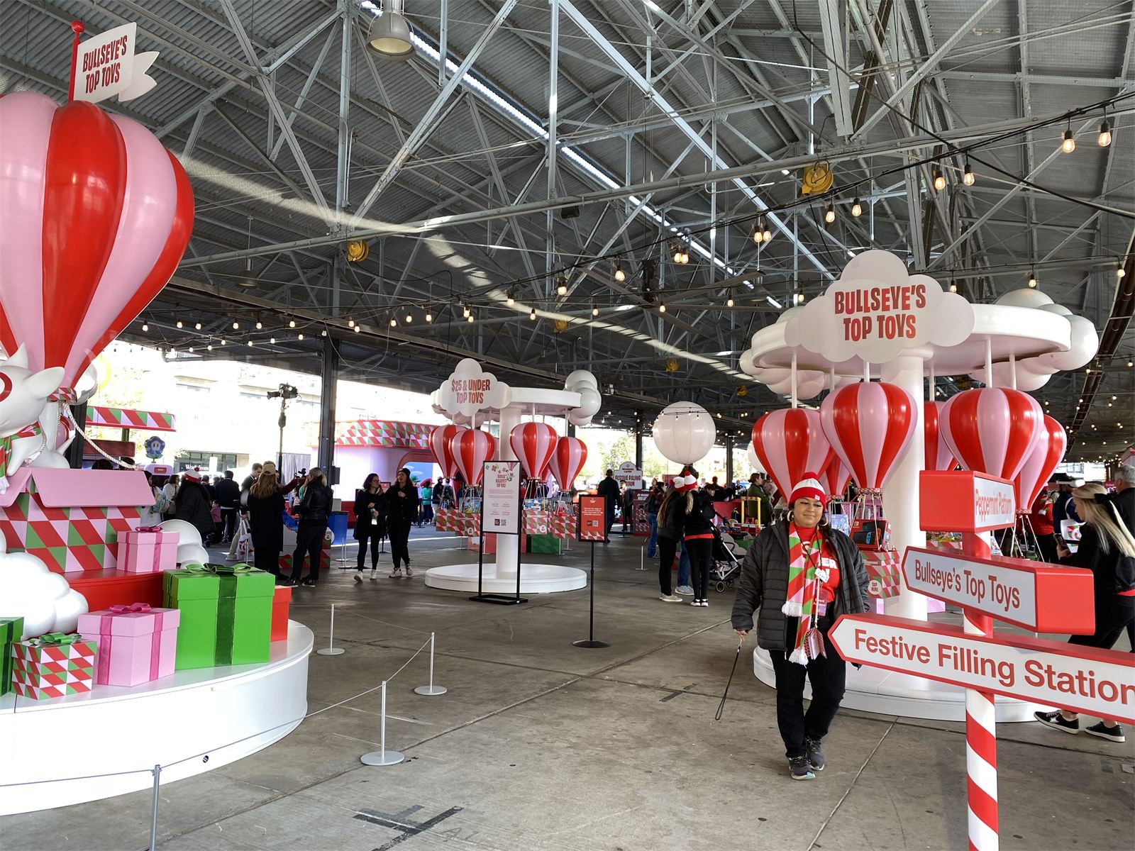 Target Wonderland brand activation inside The Shed — festive holiday decorations, balloons, and a full interactive experience at Dallas Farmers Market