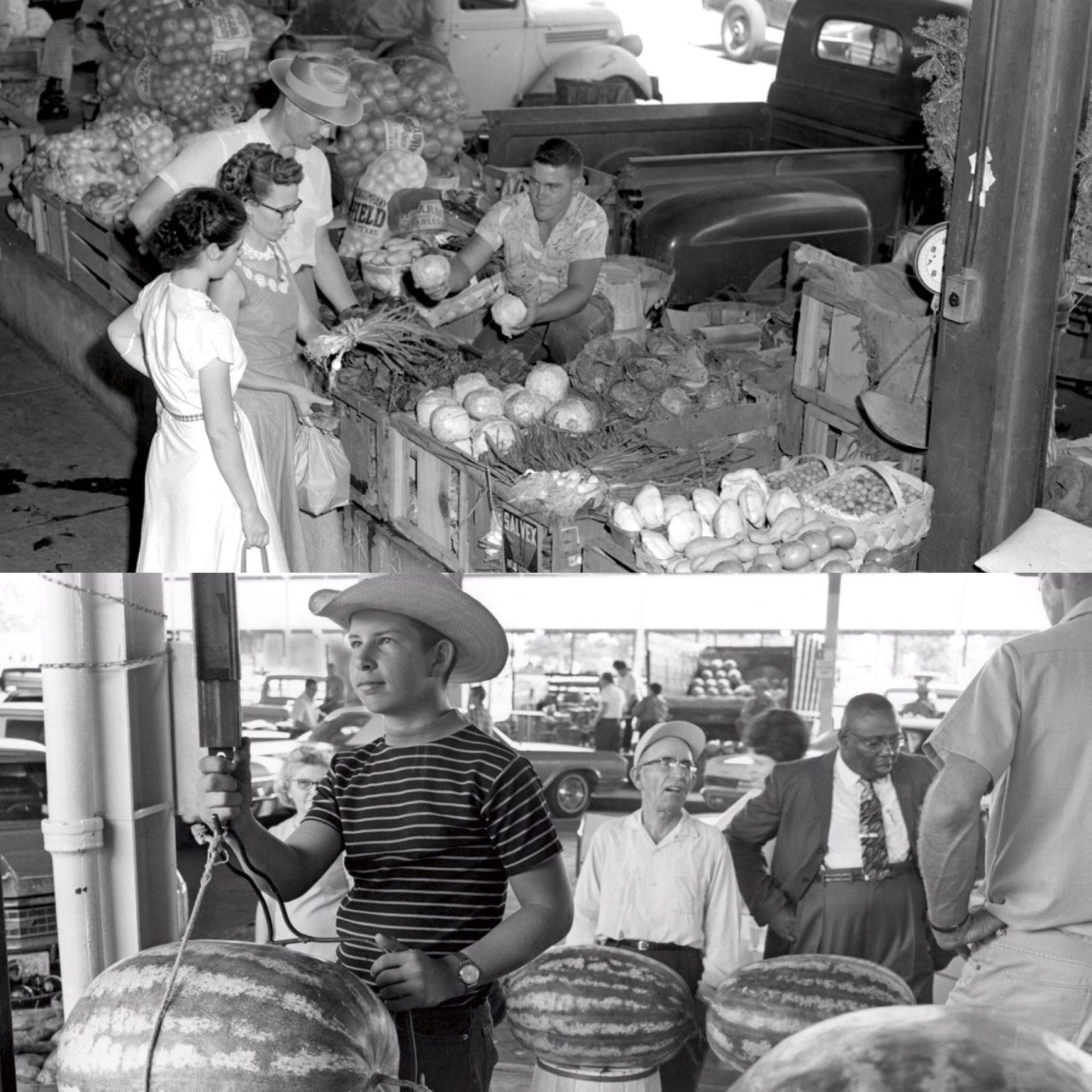 Archival photograph of the Dallas Farmers Market in its early decades, showing vendors and shoppers at the original market building on South Harwood Street