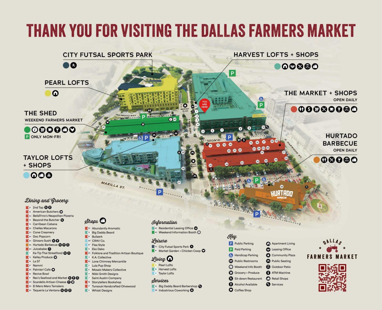 Illustrated aerial campus map of the Dallas Farmers Market at 920 S. Harwood Street, Dallas TX 75201. The Shed outdoor weekend farmers market occupies the northwest corner along Marilla Street. City Futsal Sports Park is north-center. Pearl Lofts apartments are on the west side. Harvest Lofts and Shops are in the northeast. The Market Building and Shops are on the east side, open daily. Taylor Lofts and Shops are in the southwest. Hurtado Barbecue is in the southeast corner, open daily. Parking lots are located throughout the campus, with the main surface lot along Marilla Street. Handicap parking is available on the north side of Taylor Street.