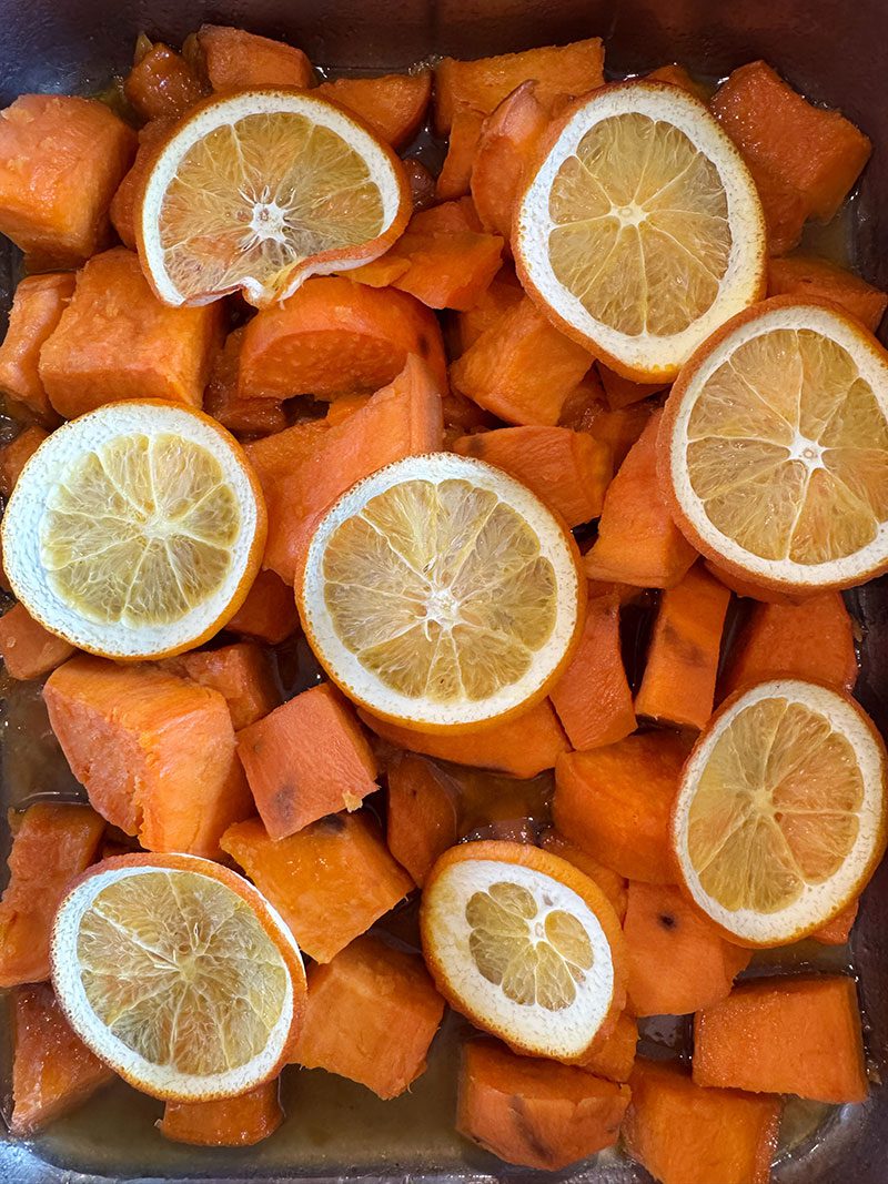 Candied yams with pecan topping