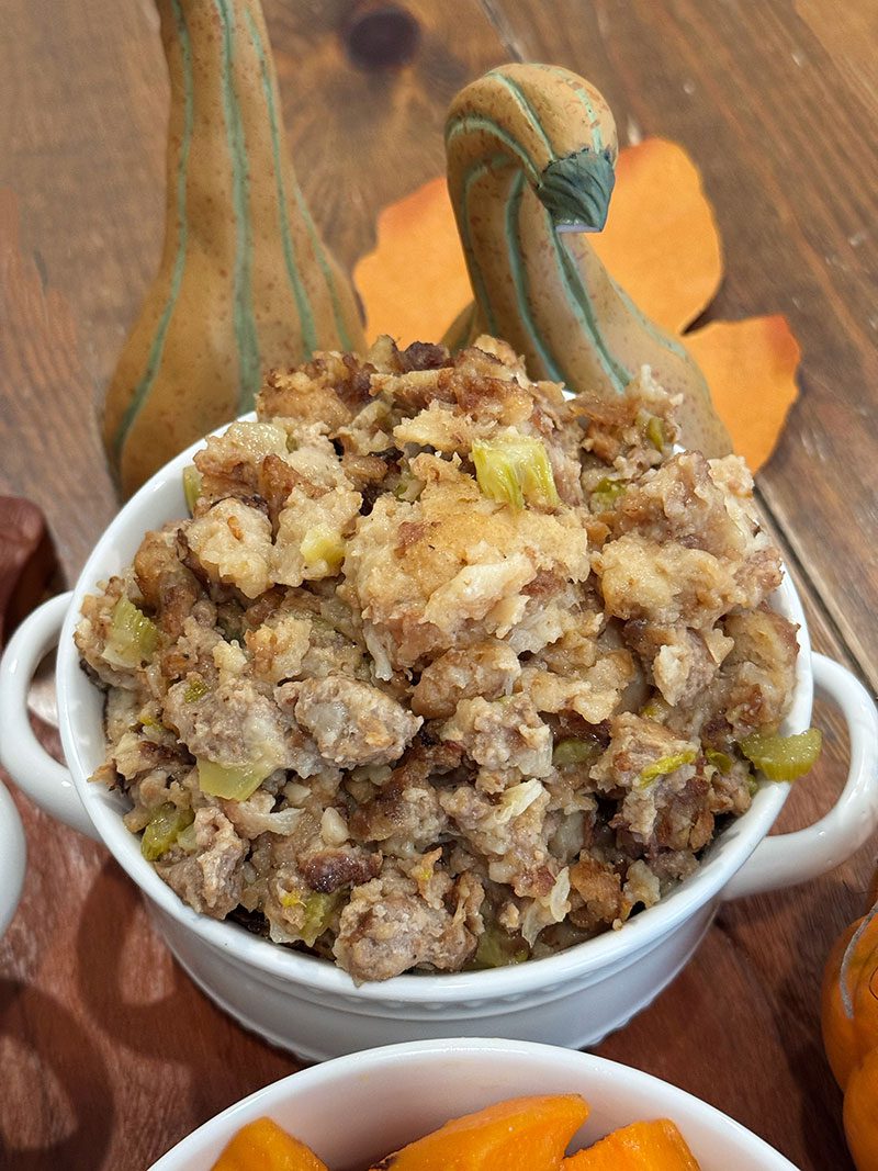 Italian sausage stuffing in a baking dish